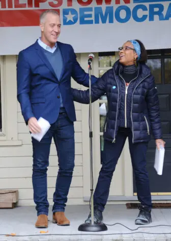 Rep. Sean Patrick Maloney with Janice Hogan, who chairs the Philipstown Democrats, at an Oct. 23 rally in Garrison Photo by L.S. Armstrong