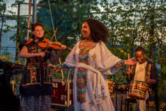 Hostetter (left) with vocalist Selamnesh Zemene and Misale Legesse on the kebero Photos provided