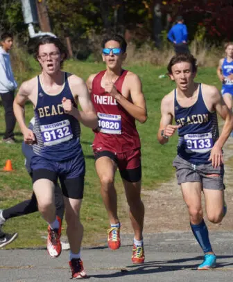 Beacon's Henry Reinke and Jack Twining compete in the regional cross-country championships on Oct. 21 at Bear Mountain.Photo provided