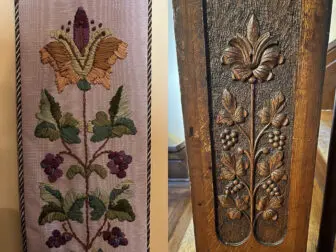 A bell pull designed and made by Shirley Botsford (left,) based on a carved panel at Botsford Briar (right.)