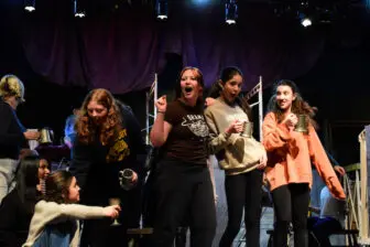 Evelyn Moreno (center as Madame Thenardier) rehearses with Samiha Gold, Anabelle Arginsky, McKenna Griffin, Molly Lyons and Jamie Bernstein while singing "Master of the House."
