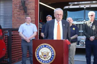 Sen. Chuck Schumer visited the Cold Spring Fire Co. on April 10 to announce a plan to allocate $16.5 million in federal funding for first responders in the Hudson Valley. Schumer was joined by officials from the Cold Spring, North Highlands and Garrison fire companies and Philipstown Supervisor John Van Tassel. Photo provided