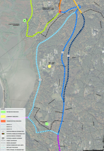 Three alternatives (shown with broken blue lines) for a southern section of the proposed path in Garrison: None would be easy.