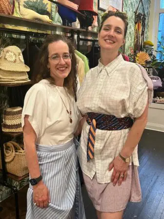 Eugenie Milroy (left) and Bekah Tighe model Stranded Assets apparel at the launch of their line at Wynono in Cold Spring