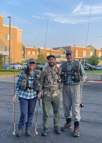 Nancy Montgomery, William Gipe and Asher posed with their gear before heading out to fish Clove Creek for trout. They got nothing.
