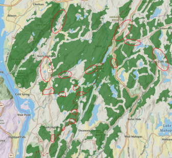 A map created by Follow the Forest shows potential habitat linkages in the Hudson Highlands.