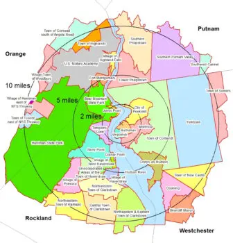 A map from the 2022 Indian Point emergency plan shows "protective action areas." The population within the 10-mile radius is about 324,000 people.