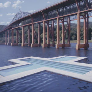 A rendering of a floating pool near the Beacon-Newburgh Bridge