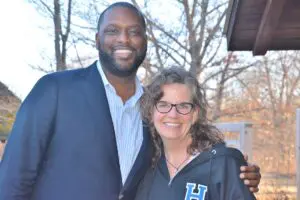Mondaire Jones, who is challenging Rep. Mike Lawler, visited Philipstown on March 3. He is shown with Putnam County Legislator Nancy Montgomery. Photo by L.S. Armstrong
