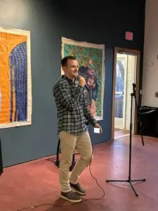 Kevin Ludlow hosts a comedy open mic at Two Way Brewing in Beacon. Photo by Emily Lugo