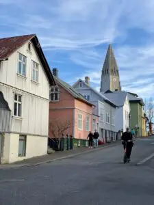 An evening street scene with typical housing