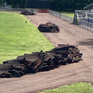 The 20-year-old track surface used by Beacon High School was scraped up earlier this month for replacement. The new track should be ready by the end of August. 