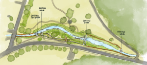 The items outlined in white would be removed as part of the project.