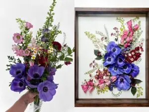 A garden bouquet before its preservation in a shadow box (right)