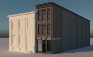 As seen in this rendering, the building at right has been proposed for the lot adjacent to the Telephone Building.