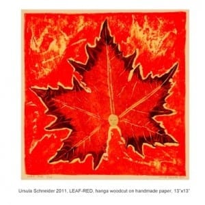 Leaf-Red, hanga woodcut on handmade paper, Ursula Schneider, Marina