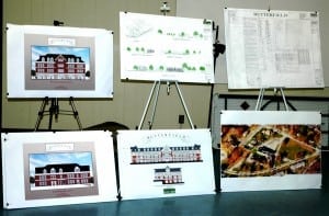 Project drawings as of Feb. 21, with the municipal building at left and senior housing building, lower center, and, on lower right, an aerial photo of the existing site