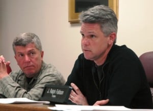 Trustee Bruce Campbell (left) and Mayor Seth Gallagher consider residents’ views.