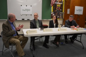 Gordon Stewart, left, moderated the March 13 forum for trustee candidates Michael Bowman, Stephanie Hawkins and Bruce Campbell. Photo by Jeanne Tao