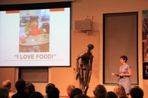 Fareground Community Kitchen's Margot Schulman presents at TEDxLongDock. Sculpture by Emil Alzamora. Photo by Dan Fiege.