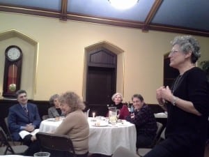 Joe Barbaro, left, Roberta Shayo, Adele Stern, Claudia and Del Fidanque, and Diane Botnick at Philipstown Reform Synagogue's 10th anniversary Shabbat Across America at St. Mary's in Cold Spring March 1. Photo by J. Tao