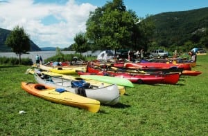 Canoes from the Two Row Wampum Renewal Campaign paddling journey at Dockside Park in Cold Spring. Photo by Liz Schevtchuk Armstrong