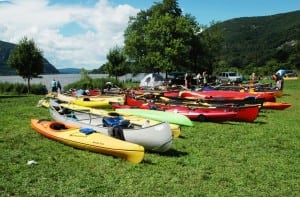 Canoes from the Two Row Wampum Renewal Campaign paddling journey at Dockside Park in Cold Spring. Photo by Liz Schevtchuk Armstrong