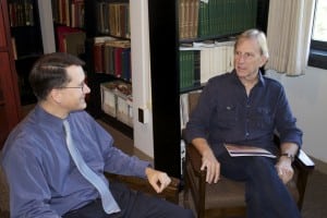 West Point Museum Director David Reel and Hudson Valley artist Rick Gedney discuss the works and influence of Robert Weir. Photo by K.E. Foley