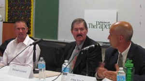 The candidates for councilman on the Philipstown Town Board at Monday's forum held at Haldane are pictured from left, Lee Erickson, Mike Leonard and John Van Tassel.