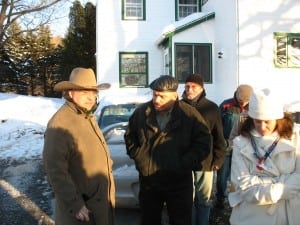 George Whipple, left, founder of Tilly Foster Farm, as he prepares to show Putnam County officials around the farm in 2008. Then county legislator, now County Executive, MaryEllen Odell, at right.