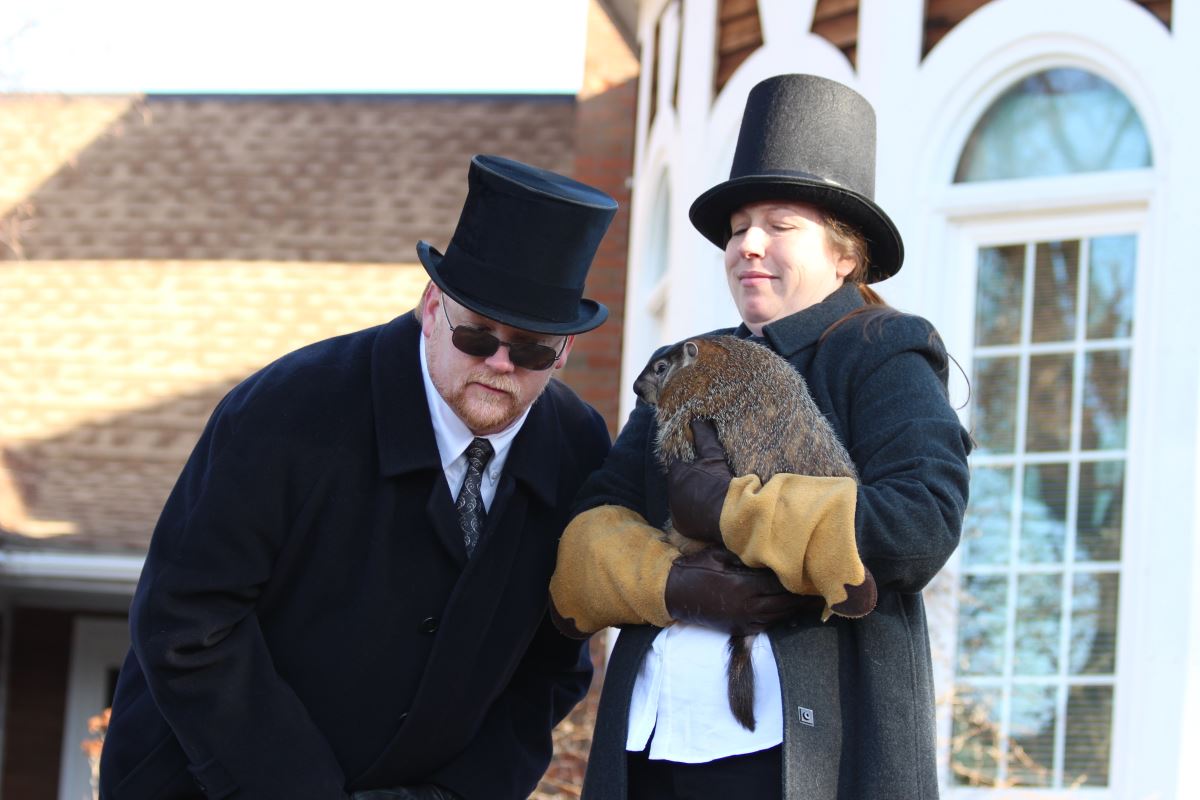 Prognosticating at the 2013 Groundhog Day Celebration at the Wildlife Education Center. (Photo by Maureen Moore)