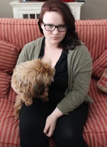 Alison Duncan as the "ditzy, sassy, controlling" Mrs. Harcourt with castmate Bella, aka Cheeky. (Photo by A. Rooney)