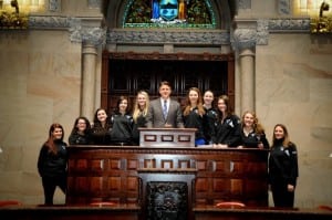 Sen. Terry Gipson welcomes the Haldane Blue Devils Volleyball Championship Team to the State Senate. Photo courtesy of Sen. Gipson