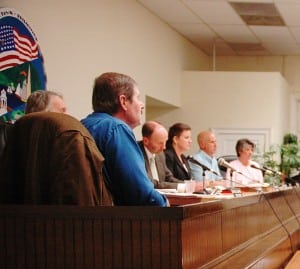 Town Board members listen during proceedings April 3; from left: Councilors Mike Leonard and Dave Merandy, Supervisor Richard Shea, Councilors Nancy Montgomery and John Van Tassel, with Town Clerk Tina Merando. Photo by L.S. Armstrong
