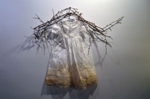 Changeling christening dress made from paper by Emily Chase, part of Fashion as Art II show at Gallery 66 NY