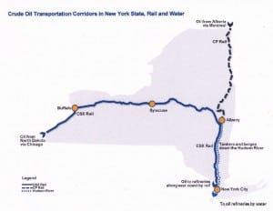 A map in New York state's new report on oil transport hazards shows the passage of oil by train and tankers or barges down the Hudson River.
