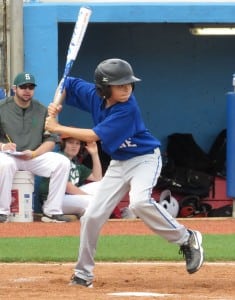 Matthew Mikalsen loads up at the plate in Haldane modified baseball action May 2 at Dutchess Stadium. Photo by Melissa Kisslinger