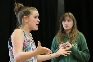 Haldane Middle Schoolers Freya Wood-Gallagher, left, and Roisin Daly in rehearsal for Midsummer/Jersey.