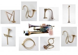 The letters spelling 'Manitoga' as expressed by Carol Syzmanski's horns surround Ben Neill's 'mutantrumpet. Image courtesy of Manitoga