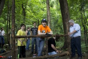 Chris Bohl, center, standing among the crew supporting his Eagle Scout project restoring a pergola (a form of gazebo) on the site of the Cornish estate in Hudson Highlands State Park. The estate site is a popular hiking destination and the pergola will serve as a rest area. (Photo by Kevin E. Foley)