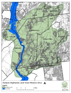 A map showing the boundaries of the Hudson Highlands Land Trust Mission Area.