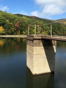 This shot of the valve housing at the Upper Reservoir clearly illustrates the normal water level — the bottom of the darker portion of the concrete column. The current water level is 5 and one half feet below that. (Photo courtesy of Greg Phillips)
