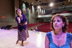 From left, Denise Summerford, Molly Renfroe Katz, and Lisa Sabin rehearse for Half Moon Theatre's upcoming production "The World Goes Round" (photo by Phil Mansfield)