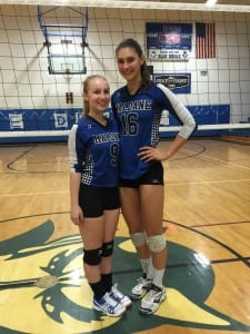 Fiona Mueller and Kelly Vahos at Volleyball Senior Night, Oct. 21; Haldane top seeded in Class D Sectionals (Photo by Sharon DiPalo)