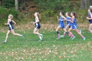 Haldane cross-country girls Taylor Farrell, Katy Phillips and Ruby McEwan at Coaches' Invitational Oct. 18 at Bowdoin Park (Photo by Peter Farrell)