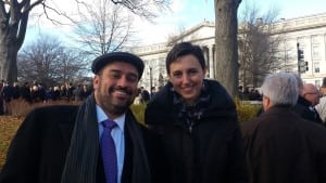 Rabbi Brent and Allison Spodek in front of the Treasury building next to the White House