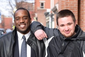 Music teacher Reggie Bennett (left) invited one of his students, Patrick Nepolitano, to share in MLK Day festivities with him.