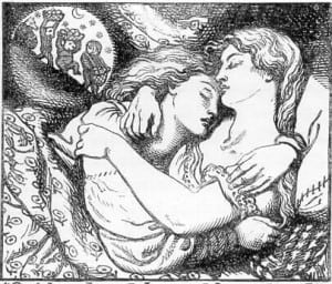 Woodblock print by Dante Gabriel Rossetti, frontispiece tin the first edition of Goblin Market and Other Poems by Christina Rossetti (1862)