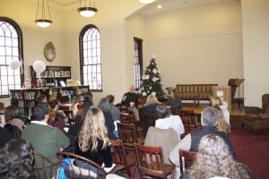 Joseph DeMarzo, center, discusses the Haldane drug study with parents at Butterfield Library. (Photo by K.E. Foley)