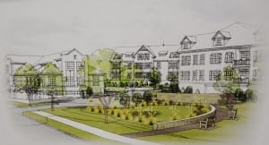 An architectural rendering of buildings at the proposed Butterfield redevelopment